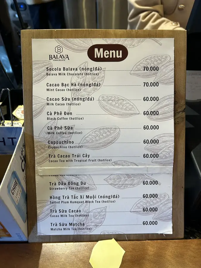The drinks menu: chocolate, cacao, coffee and teas with prices — Balava Chocolate House — chocolate with a tasting class, Da Lat