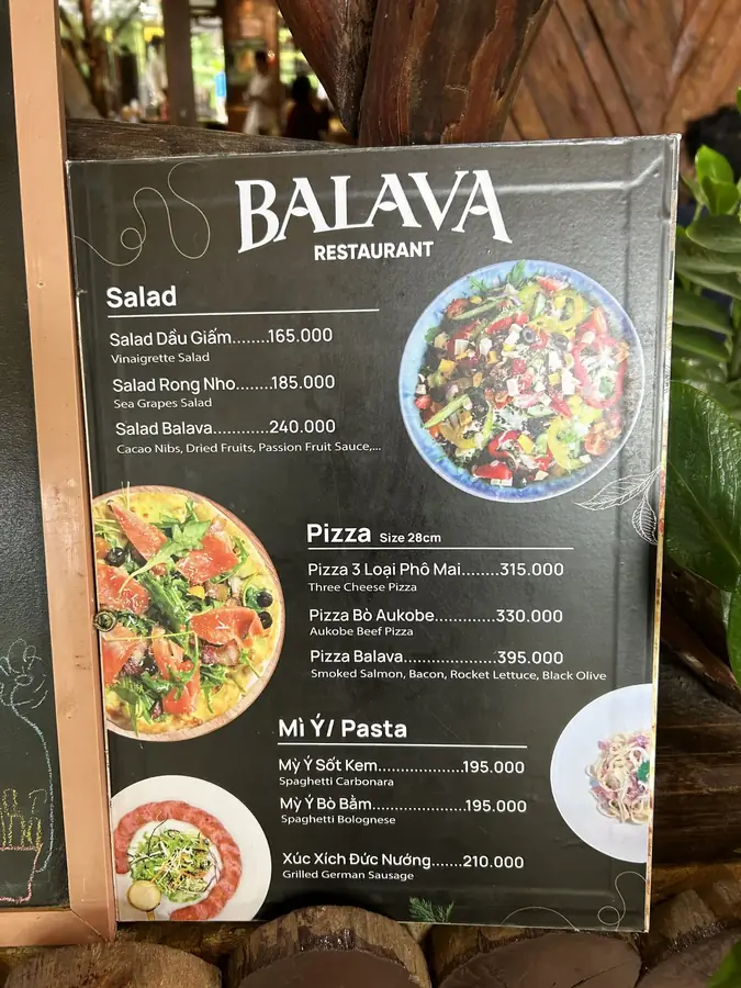 The restaurant menu: salads, pizza and pasta — Balava Chocolate House — chocolate with a tasting class, Da Lat
