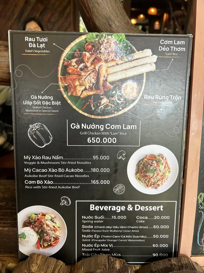 The restaurant menu: grilled chicken, noodles, drinks — Balava Chocolate House — chocolate with a tasting class, Da Lat