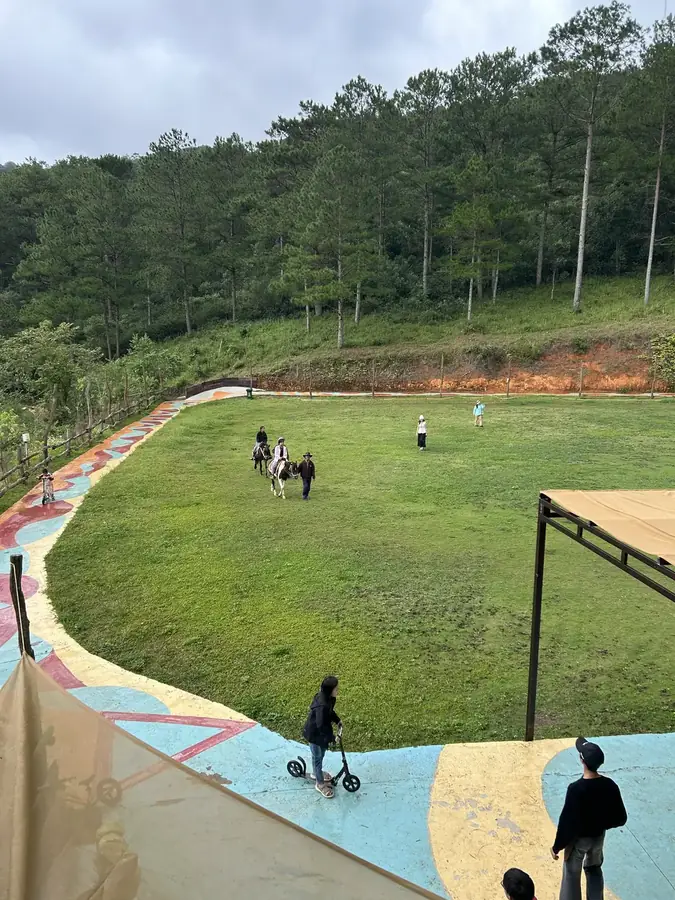 The field from above: a painted path for scooters around the lawn — Pony rides at Balava — riding for children, Da Lat