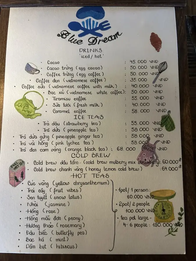 The hand-drawn Blue Dream menu: drinks, iced and hot tea with prices — Blue Dream Bread — a garden bakery with cocoa, Da Lat