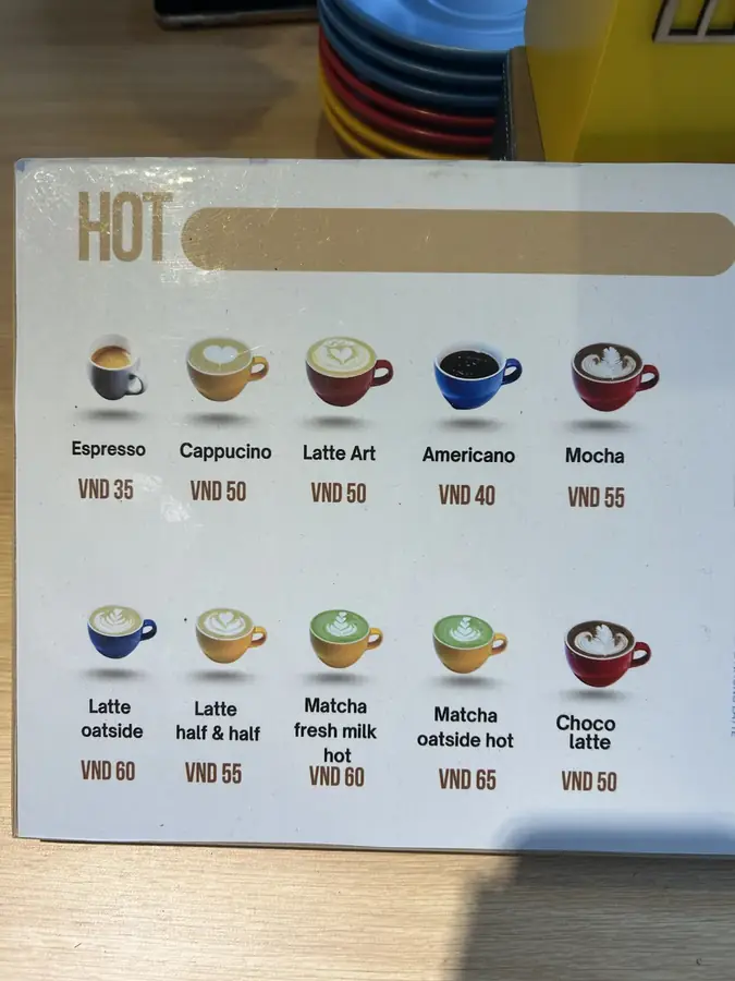 The hot drinks menu with prices — dhc Coffee Lab — latte art and a barista school, Da Lat
