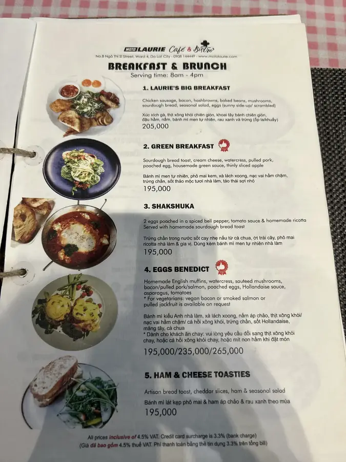 Breakfast and brunch, served 8am–4pm: 195,000 to 265,000₫ — Moto Laurie — breakfasts and a vegan menu over the city, Da Lat