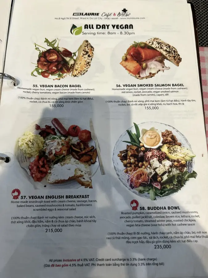 The all-day vegan menu, 8am–8:30pm: 155,000–235,000₫ — Moto Laurie — breakfasts and a vegan menu over the city, Da Lat