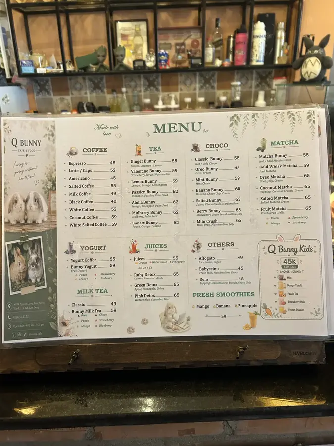 Меню целиком, с детским разделом за 45 тыс.₫ — Q Bunny Cafe — кофейня с кроликами, Далат