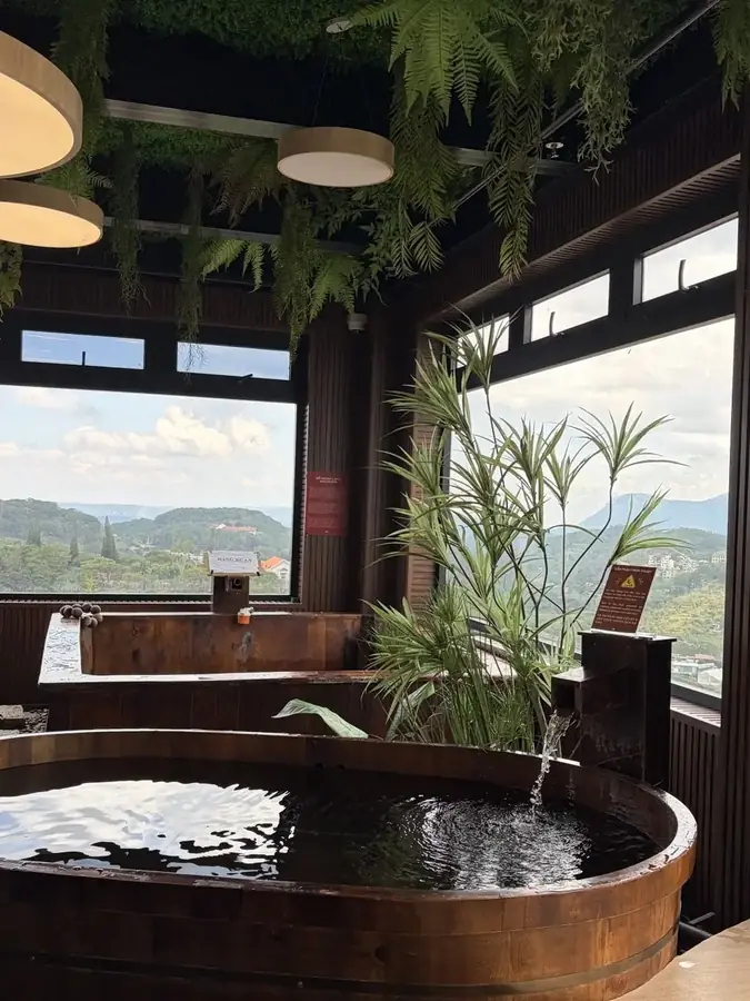 A round barrel bath by the window — Suoi May Onsen & Spa — Japanese baths looking into the pines, Da Lat