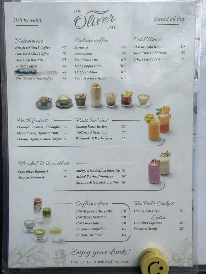 Меню напитков: кофе, колдбрю, чаи и смузи с ценами — The Oliver Cafe — завтраки и бранчи по-европейски, кухня до трёх, Далат